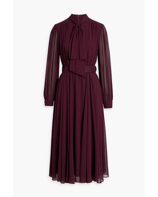 Mikael Aghal Purple Pussy-Bow Belted Crepe De Chine Midi Dress