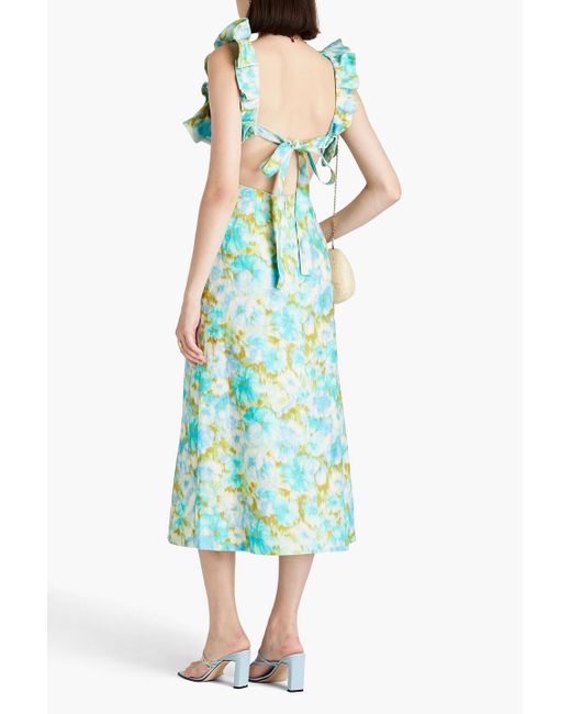 Zimmermann Blue Ruffled Floral-print Linen Midi Dress