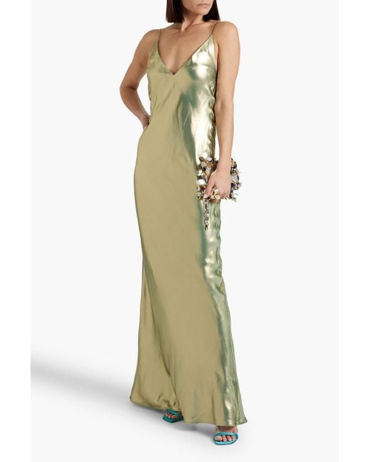 Galvan Green Metallic Silk-satin Crepe Maxi Slip Dress