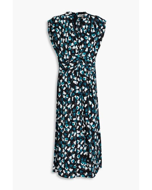 Diane von Furstenberg Blue Livia Pleated Printed Crepe Midi Dress