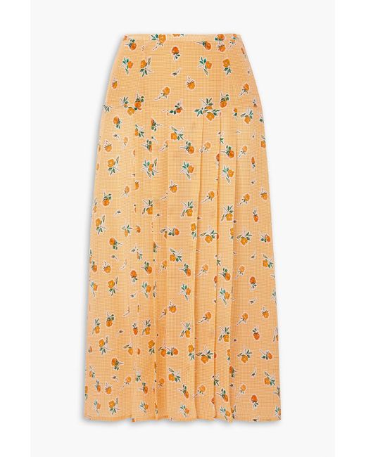Rixo Natural Nancy Pleated Floral-print Silk-crepe Midi Skirt