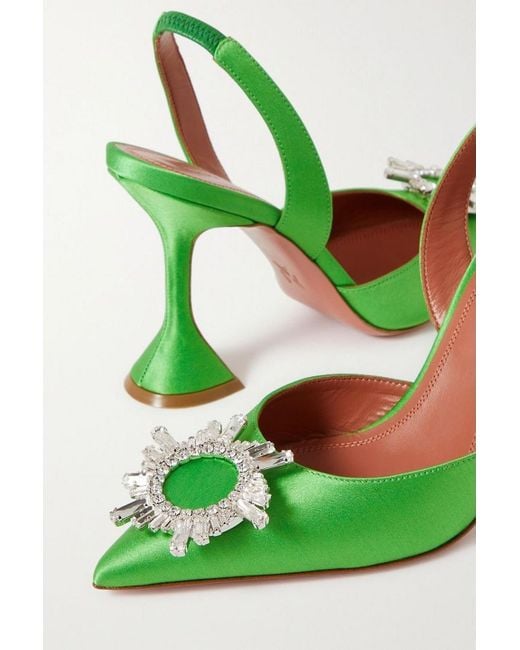 AMINA MUADDI Green Begum 95 Crystal-embellished Satin Slingback Pumps