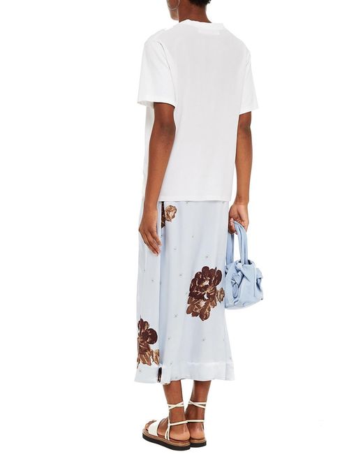 Ganni White Ruched Floral-Print Satin Midi Skirt