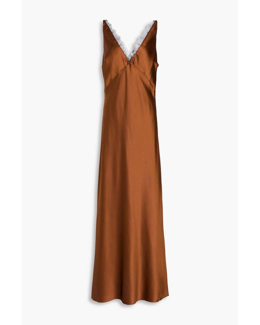 Veronica Beard Brown Hamina Lace-trimmed Stretch-silk Satin Maxi Dress