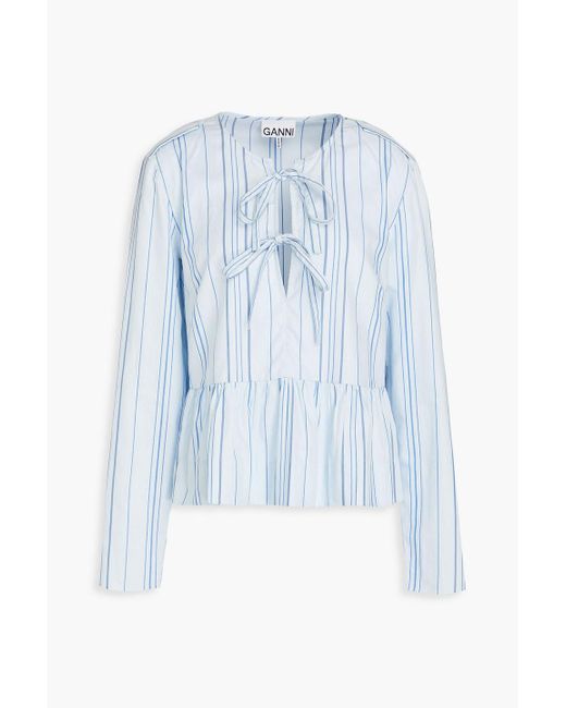 Ganni Blue Tie-front Striped Cotton-jacquard Top