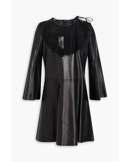 Valentino Garavani Black Lace-paneled Leather Mini Dress