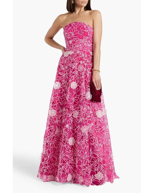 Marchesa Pink Strapless Floral-appliquéd Organza Gown