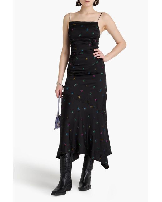 Ganni Black Ruched Floral-print Satin Midi Dress