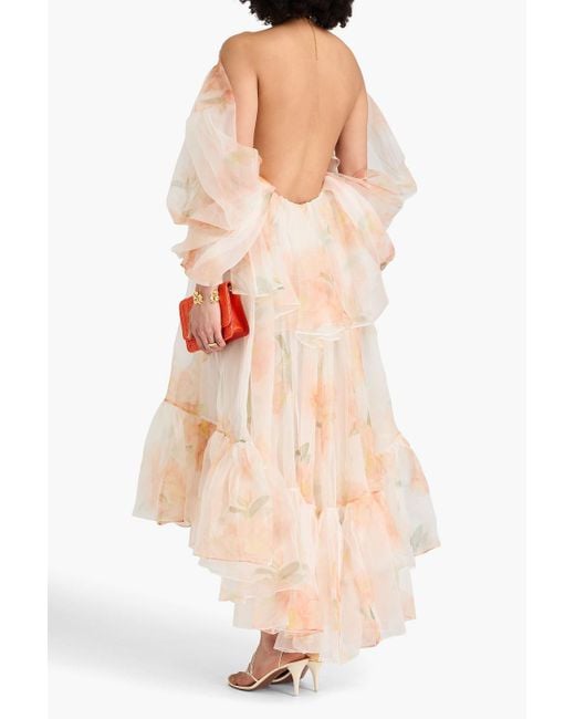 Zimmermann Pink Cold-Shoulder Ruffled Floral-Print Silk-Organza Maxi Dress