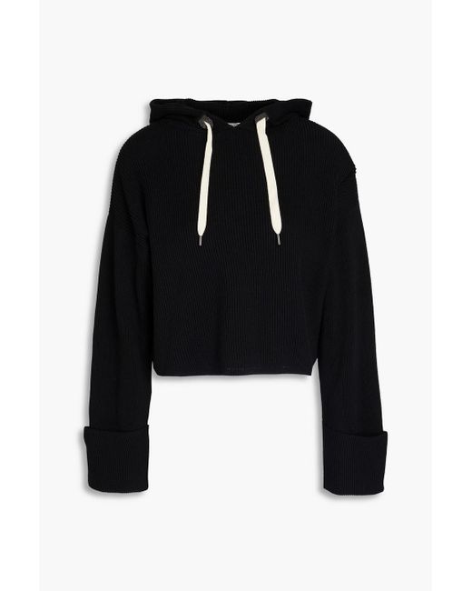 Brunello Cucinelli Black Cropped Ribbed Cotton Hoodie