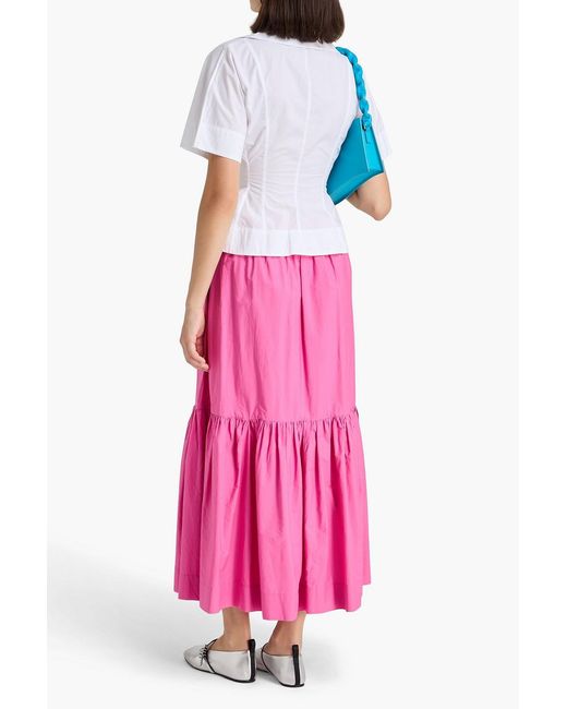 Ganni Pink Gathered Cotton-Poplin Midi Skirt