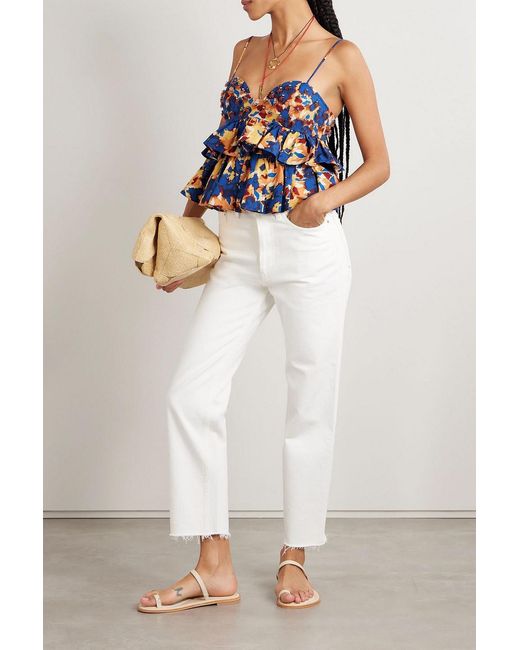 Ulla Johnson Blue Lucia Ruffled Embellished Printed Cotton-Poplin Top