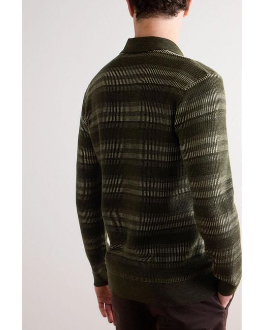 Mr P. Green Striped Ribbed Merino Wool Polo Sweater for men