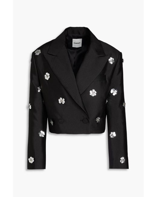 Sandro Black Cropped Floral-appliquéd Twill Blazer