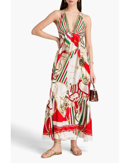Camilla Red Crystal-embellished Printed Silk-twill Maxi Dress