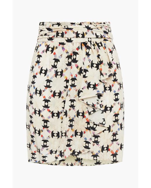 Isabel Marant White Wrap-Effect Draped Printed Silk-Blend Crepe De Chine Mini Skirt