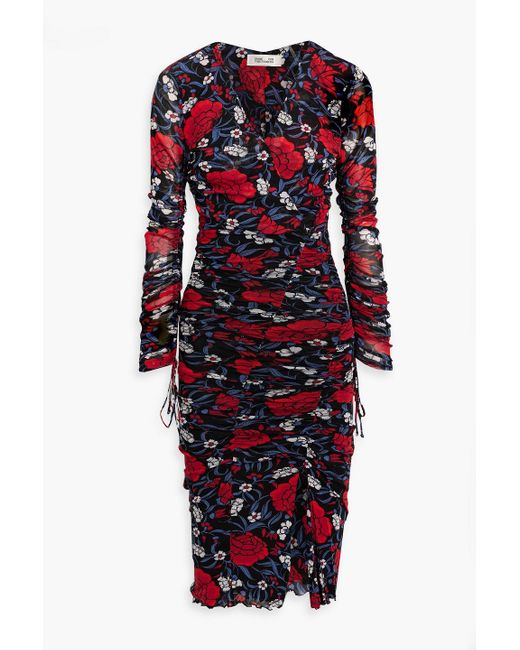 Diane von Furstenberg Red Rochelle Wrap-effect Floral-print Stretch-mesh Dress