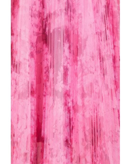 ML Monique Lhuillier Pink Pleated Printed Tulle Midi Dress