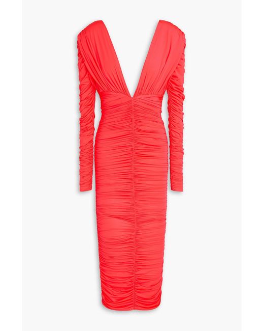 Alex Perry Red Ruched Neon Stretch-jersey Midi Dress