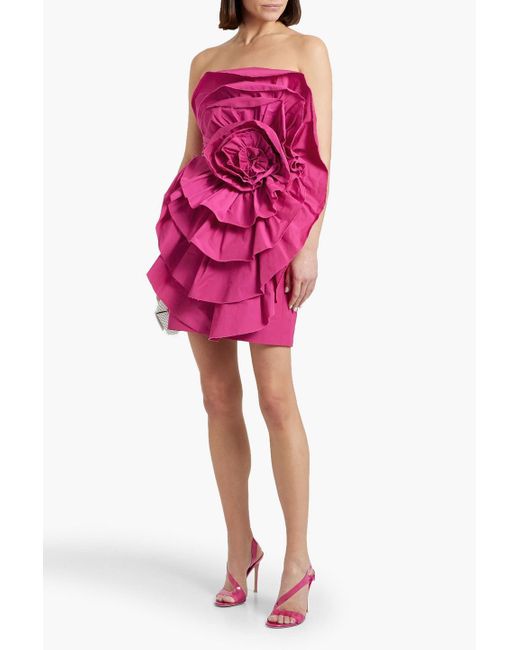 Marchesa Pink Strapless Floral-Appliquéd Ruffled Taffeta Mini Dress