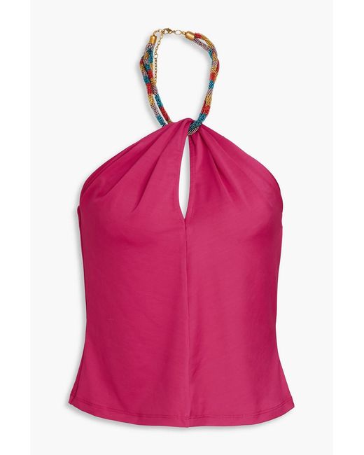 Veronica Beard Pink Akeeva Cutout Embellished Jersey Halterneck Top
