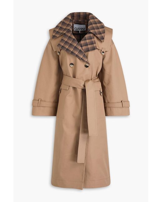 Ganni Natural Checked Cotton-Twill Trench Coat