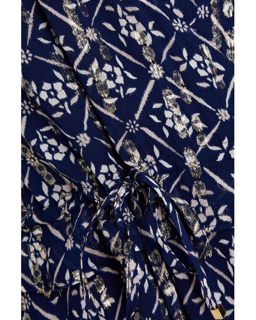 Claudie Pierlot Blue Rivage maxikleid aus metallic-fil-coupé mit floralem print und wickeleffekt