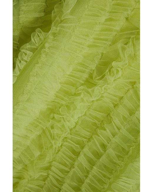 Huishan Zhang Green Draped Ruffled Tulle Gown