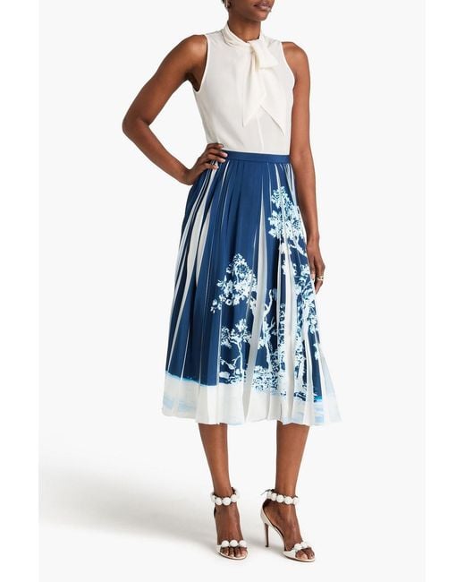 Erdem Blue Pleated Floral-print Crepe Midi Skirt