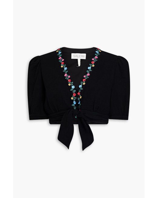Saloni Black Jamie Cropped Embroidered Cotton-Gauze Top