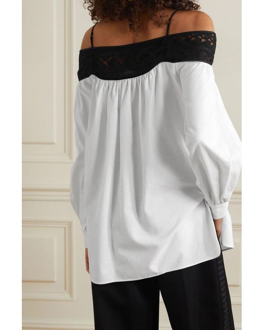 Gabriela Hearst Black Augustin Cold-Shoulder Lace-Trimmed Embroidered Cotton Blouse