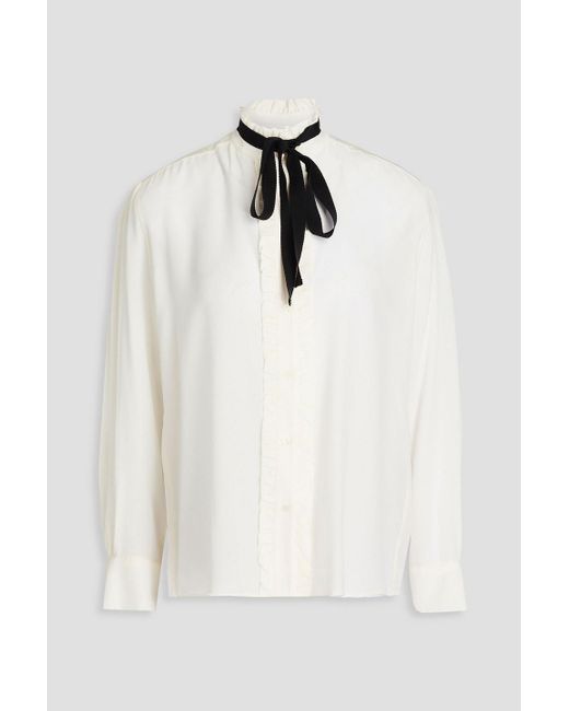 Sandro White Pussy-bow Washed Silk Crepe De Chine Blouse