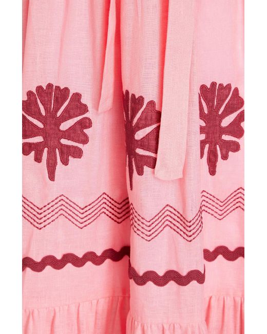 Saloni Pink Alexia midikleid aus leinen mit stickereien