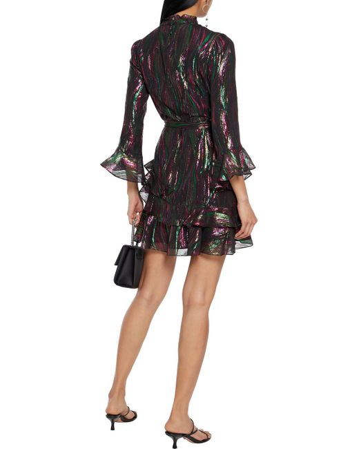 Saloni Black Marissa minikleid aus jacquard aus einer seidenmischung mit metallic-effekt und rüschen