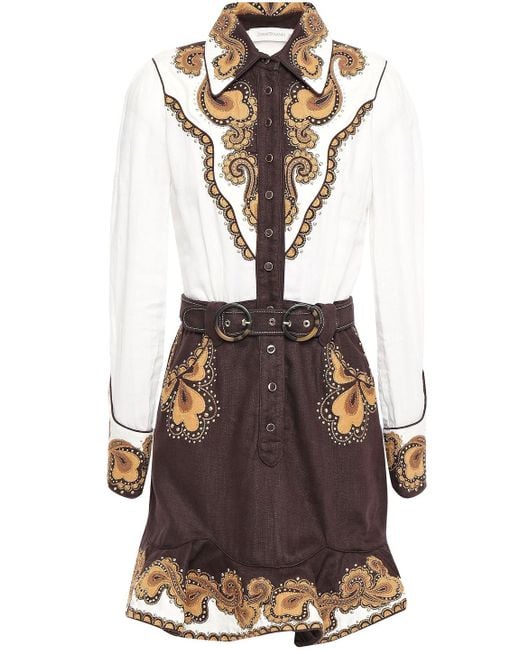 Zimmermann Brown Zippy Dandy Belted Embellished Cotton And Linen-canvas Mini Dress