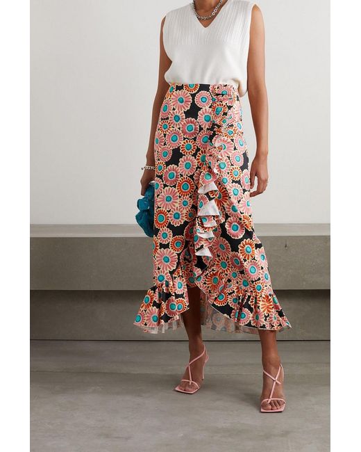 LaDoubleJ Black Cascata Ruffled Wrap-Effect Floral-Print Cotton-Blend Skirt