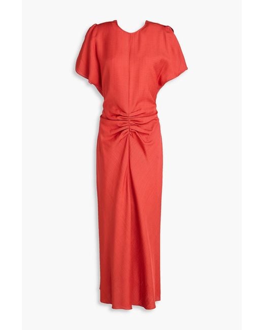 Victoria Beckham Red Ruched Grain De Poudre Midi Dress