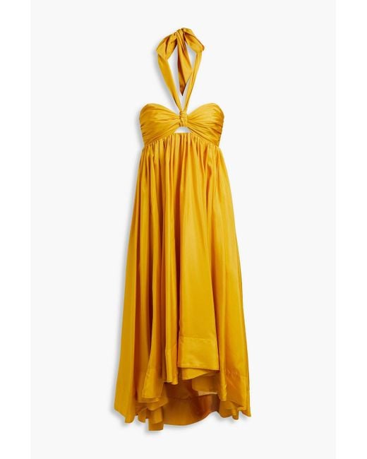 Zimmermann Yellow Asymmetric Gathered Silk-voile Halterneck Midi Dress