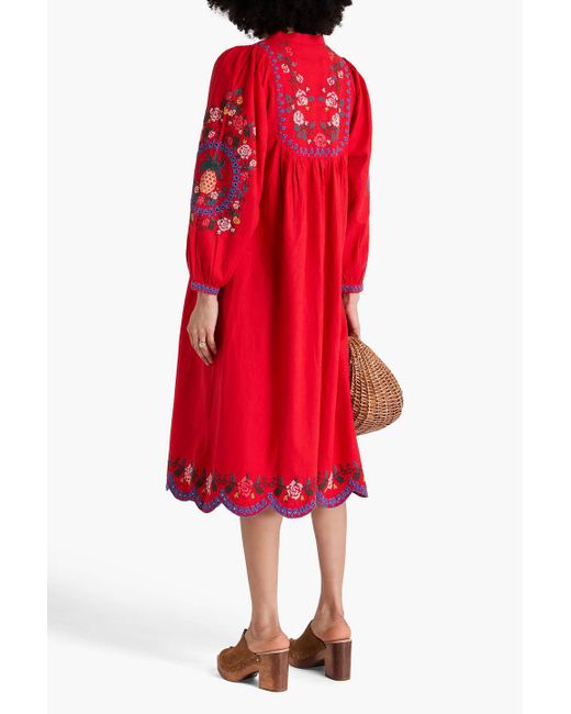 Farm Rio Red Embellished Linen-blend Midi Dress
