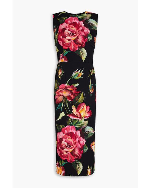 Dolce & Gabbana Red Midikleid aus crêpe de chine aus einer seidenmischung mit floralem print