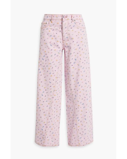 Ganni Pink Floral-print High-rise Wide-leg Jeans