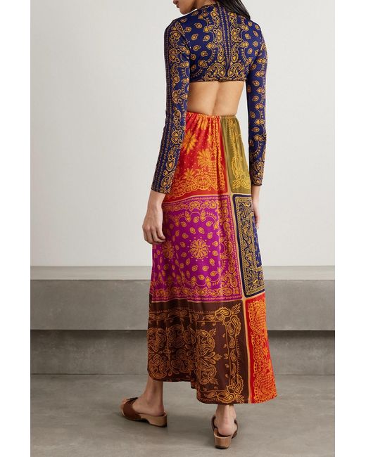 Farm Rio Red Knotted Cutout Printed Jersey Maxi Dress