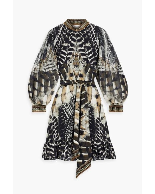Camilla Black Crystal-embellished Printed Silk Crepe De Chine And Chiffon Mini Dress
