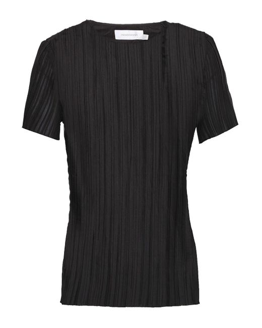 Zimmermann Black Crochet-trimmed Plissé Cotton-blend T-shirt