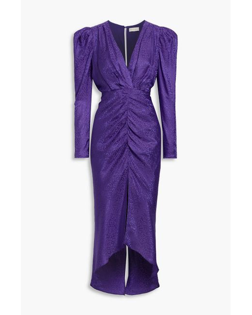 Ronny Kobo Purple Astrid Ruched Satin-jacquard Midi Dress