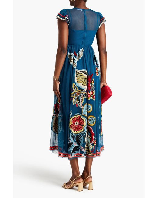 RED Valentino Blue Gathered Embroidered Tulle Midi Dress