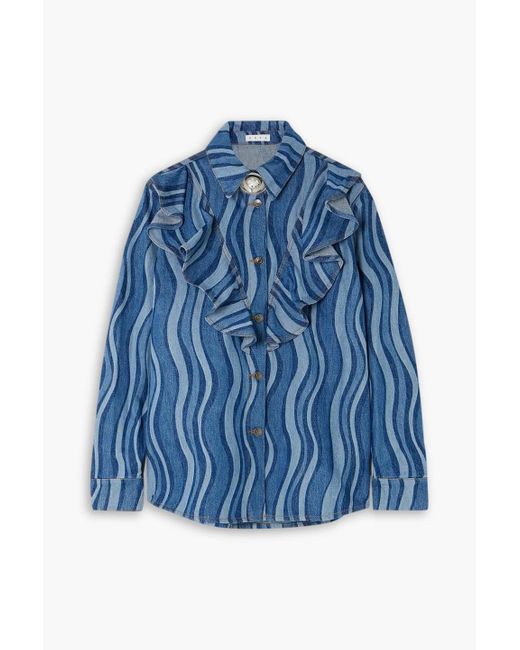 Area Blue Sunray Embellished Printed Ruffled Denim Shirt
