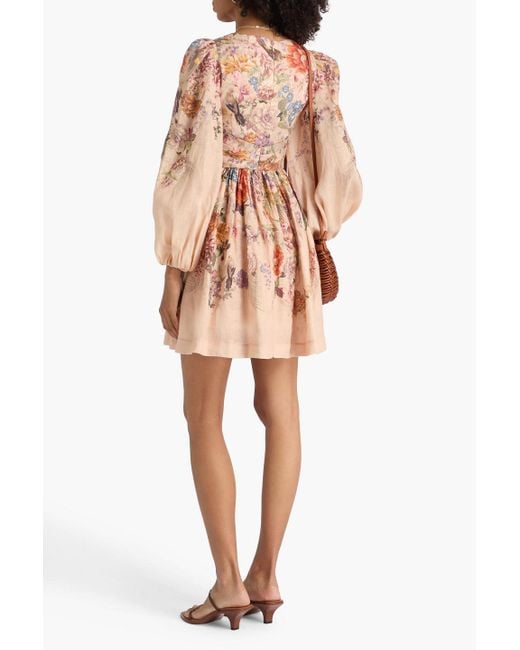 Zimmermann Pink Pleated Floral-Print Linen Mini Dress