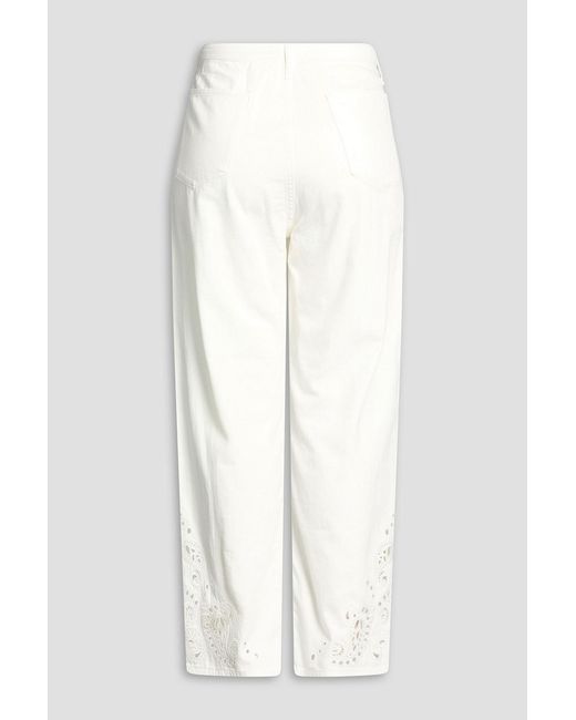 Rag & Bone White Phoebe Broderie Anglaise-Trimmed Mid-Rise Wide-Leg Jeans