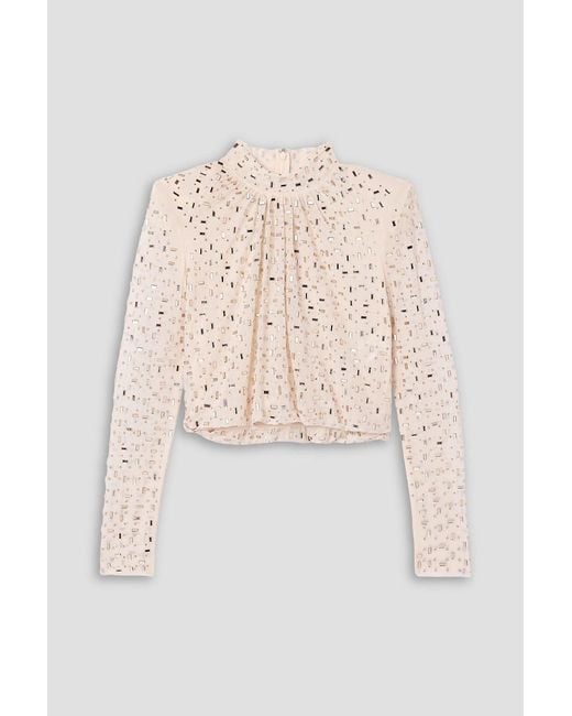 Self-Portrait Natural Cropped Embellished Gathered Mesh Turtleneck Top